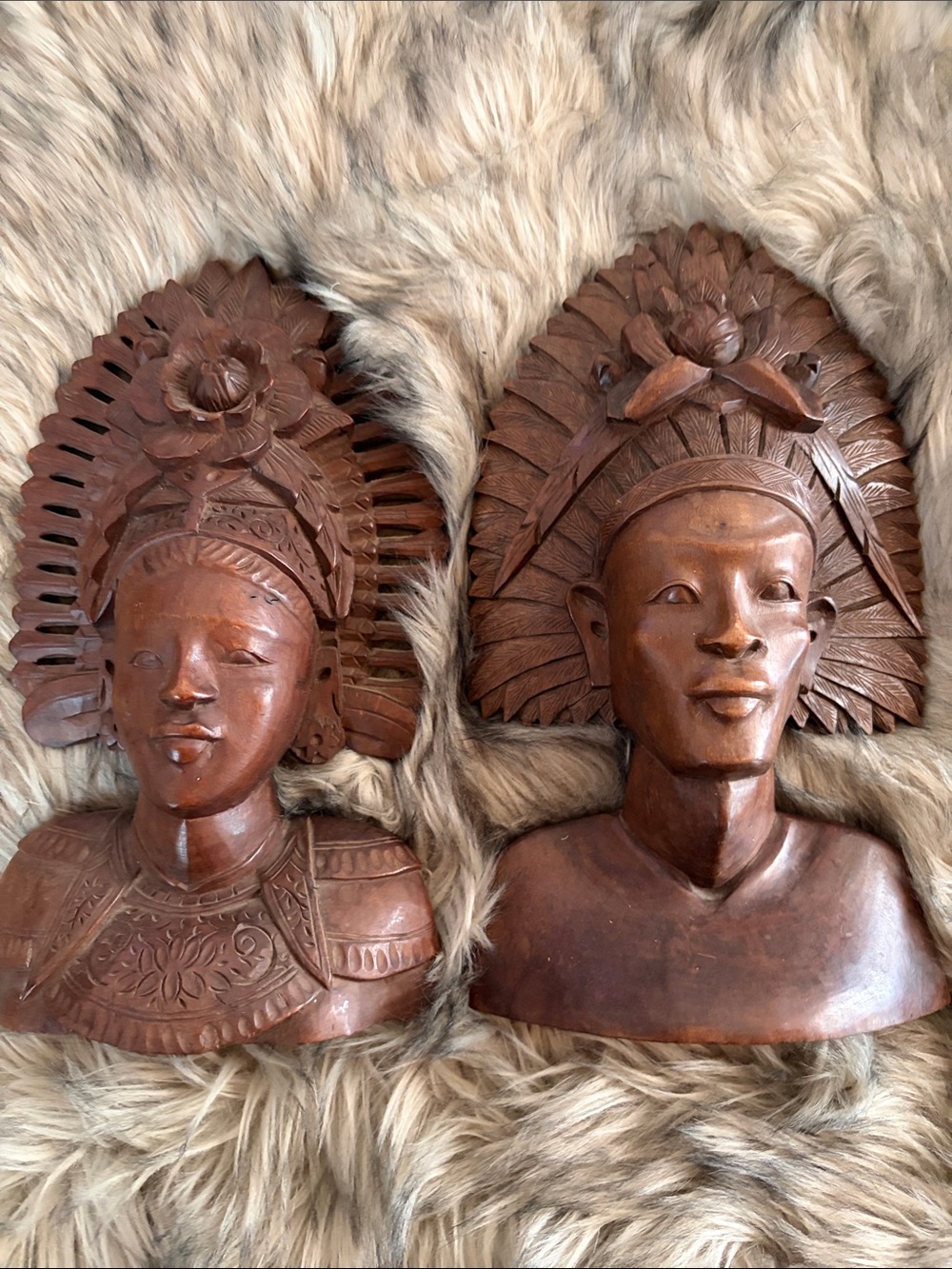 Bali Hand-Carved Wooden Wedding Couple Bust Set Wall Accent